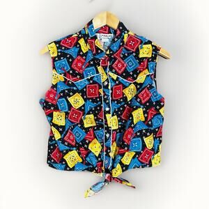 VTG Banjo Dallas TX Sleeveless Crop Top Bandana Print Western XL Snap Tie Front